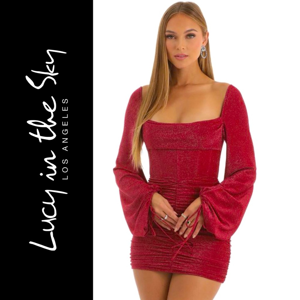 Lucy in the Sky Glitter Long Sleeve Corset Dress in Red Christmas party holiday